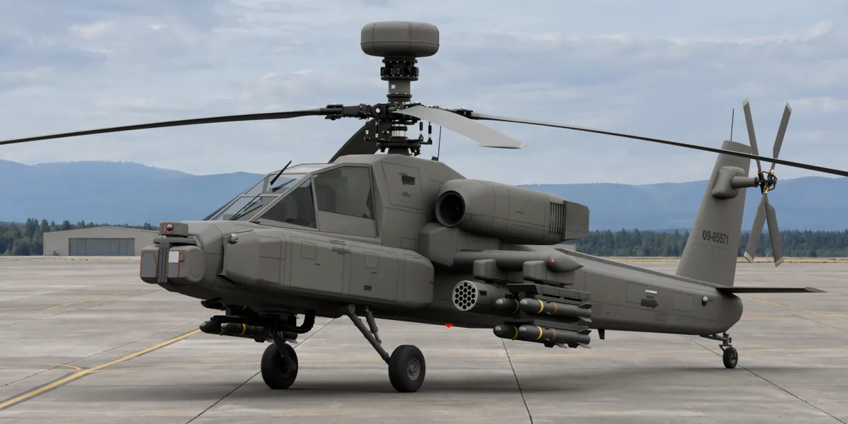 駐機場に停まった AH-64E アパッチの 3D モデル（Blender で描画）