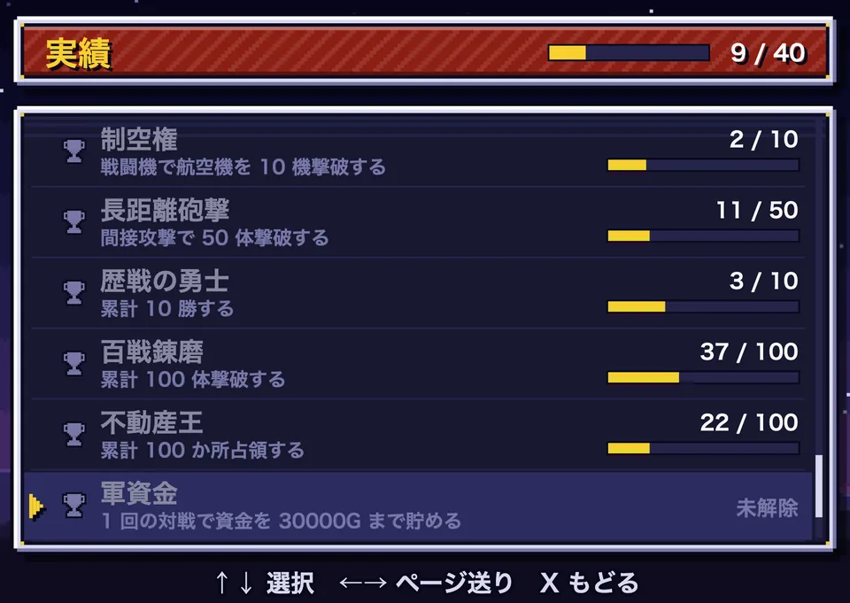 実績の一覧。回数のある実績に進み具合のゲージ（百戦錬磨 37 / 100 など）